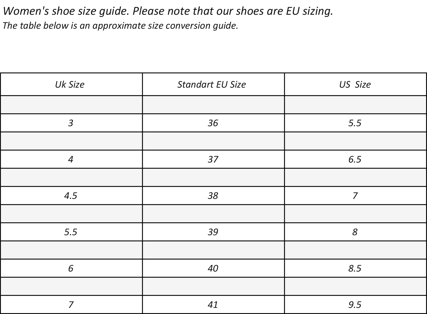 True Size Chart